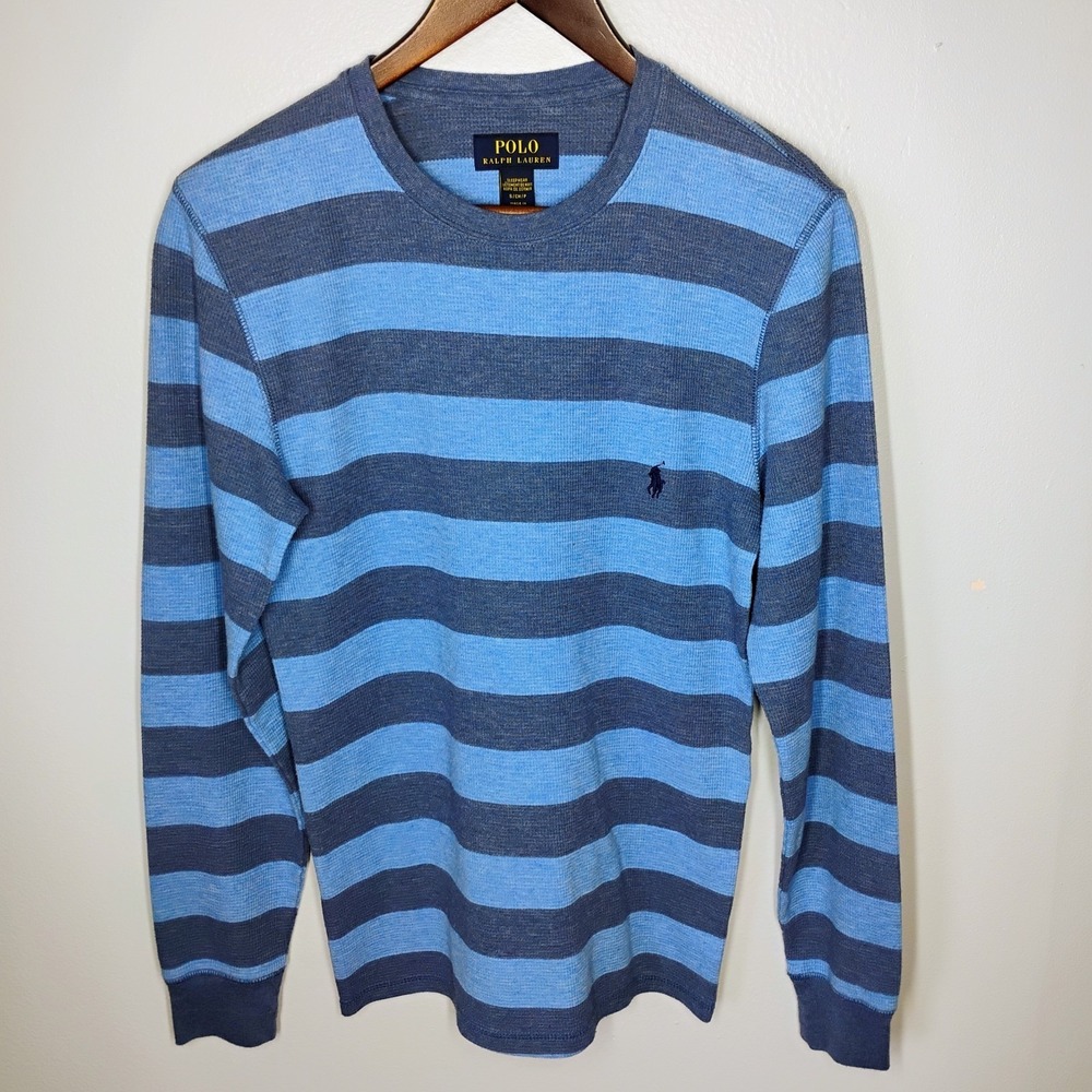 Polo Ralph Lauren Shirt Mens Small Blue Striped Thermal Waffle Knit Pullover